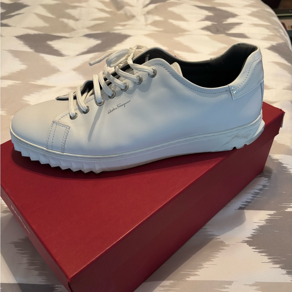 Ferragamo men’s all white sneakers